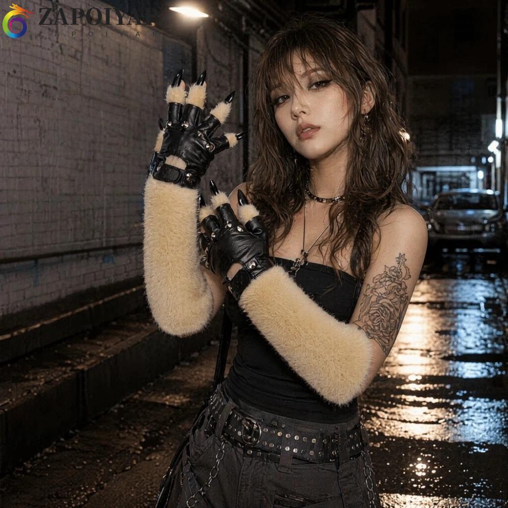 ZAPOIYAP Furry Furry Fursuit Găng tay Kigurumi, Găng tay da Punk hoạt hình sang trọng, Halloween ấm 