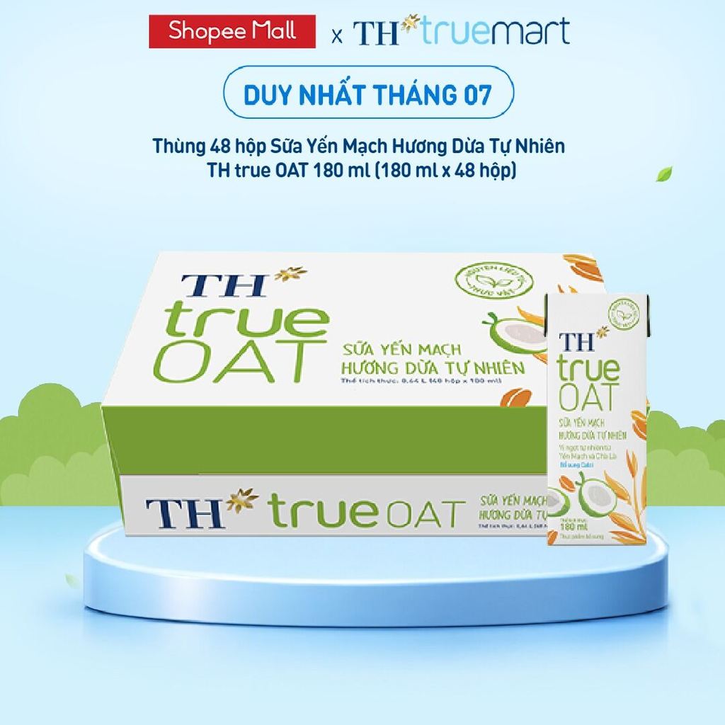 [LIVESTREAM] Thùng 48 hộp Sữa Yến Mạch Hương Dừa Tự Nhiên TH true OAT 180ml (180 ml x 48)