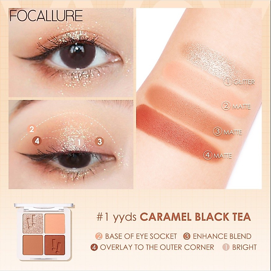 Ảnh 4 của Bảng Phấn Mắt Focallure 4 ô màu, nhũ lì, mềm minh, lâu trôi 4.8g FA-177