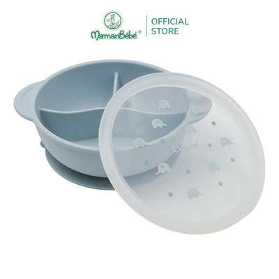 (MamanBébé chính hãng) Khay ăn dặm Combi silicone cao cấp kèm nắp, chống lật, họa tiết voi xanh