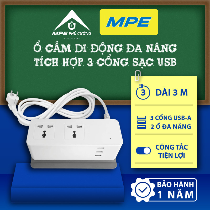 (CHÍNH HÃNG) MPE - Ổ cắm điện di động 2 ổ cắm đơn đa năng, Tích hợp 3 cổng sạc USB Chính hãng MPE Ph