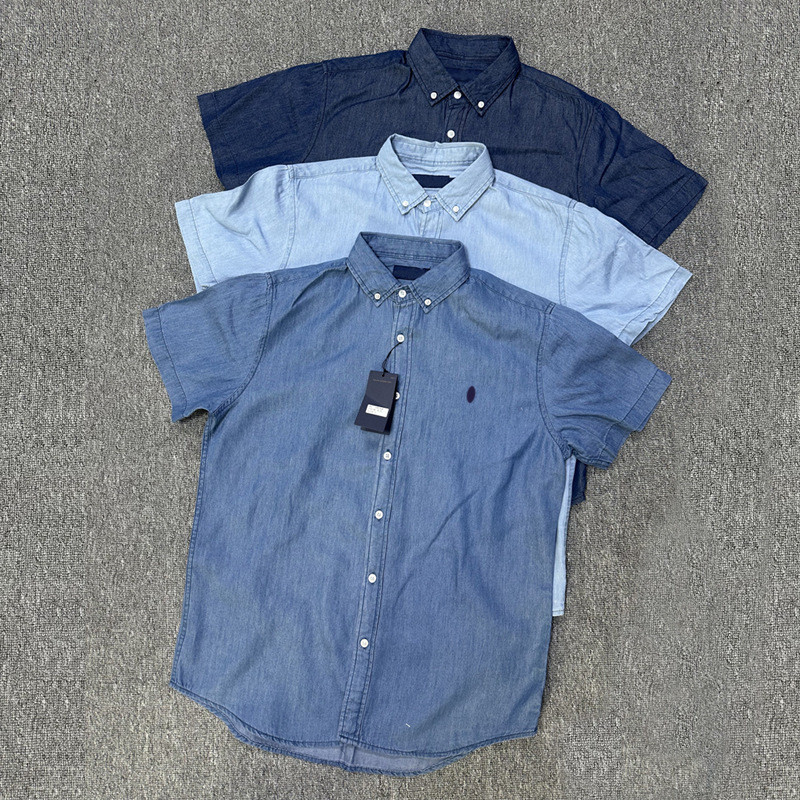 MGNF RL// Summer new classic men's solid color embroidered pony logo Logo Collared vintage denim sho