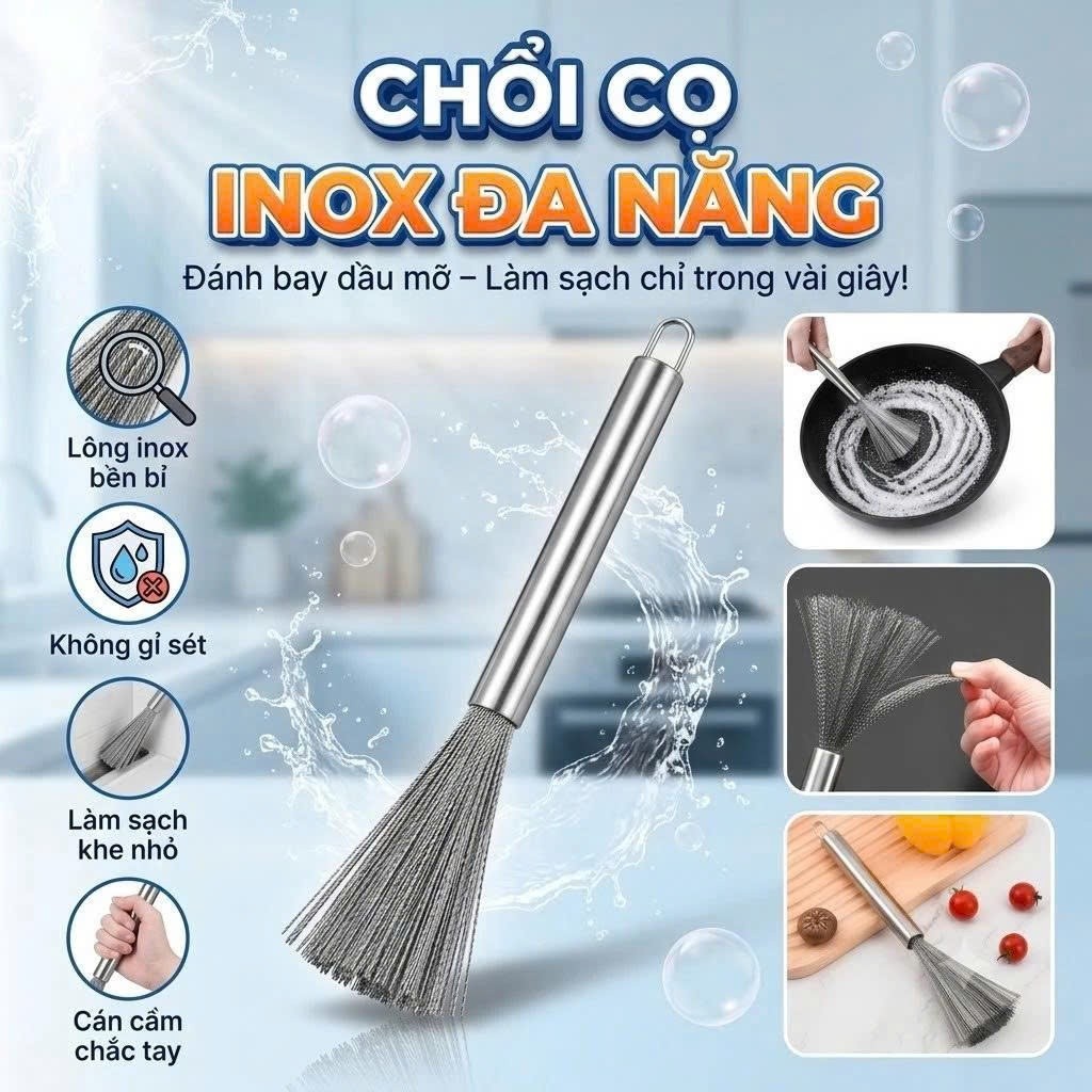 Chổi Cọ Xoong Nồi Inox 304, Bàn Chải Cọ Bát Đĩa, Rửa Chén Bát Vệ Sinh Bếp Tay Cầm Chống Trầy Xước