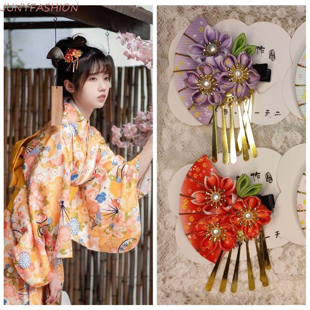 JUNYFASHION Mũ nón kimono Nhật Bản, Kẹp tóc tua rua vải hoa, Tua rua dễ thương Phụ kiện tóc cho bé g