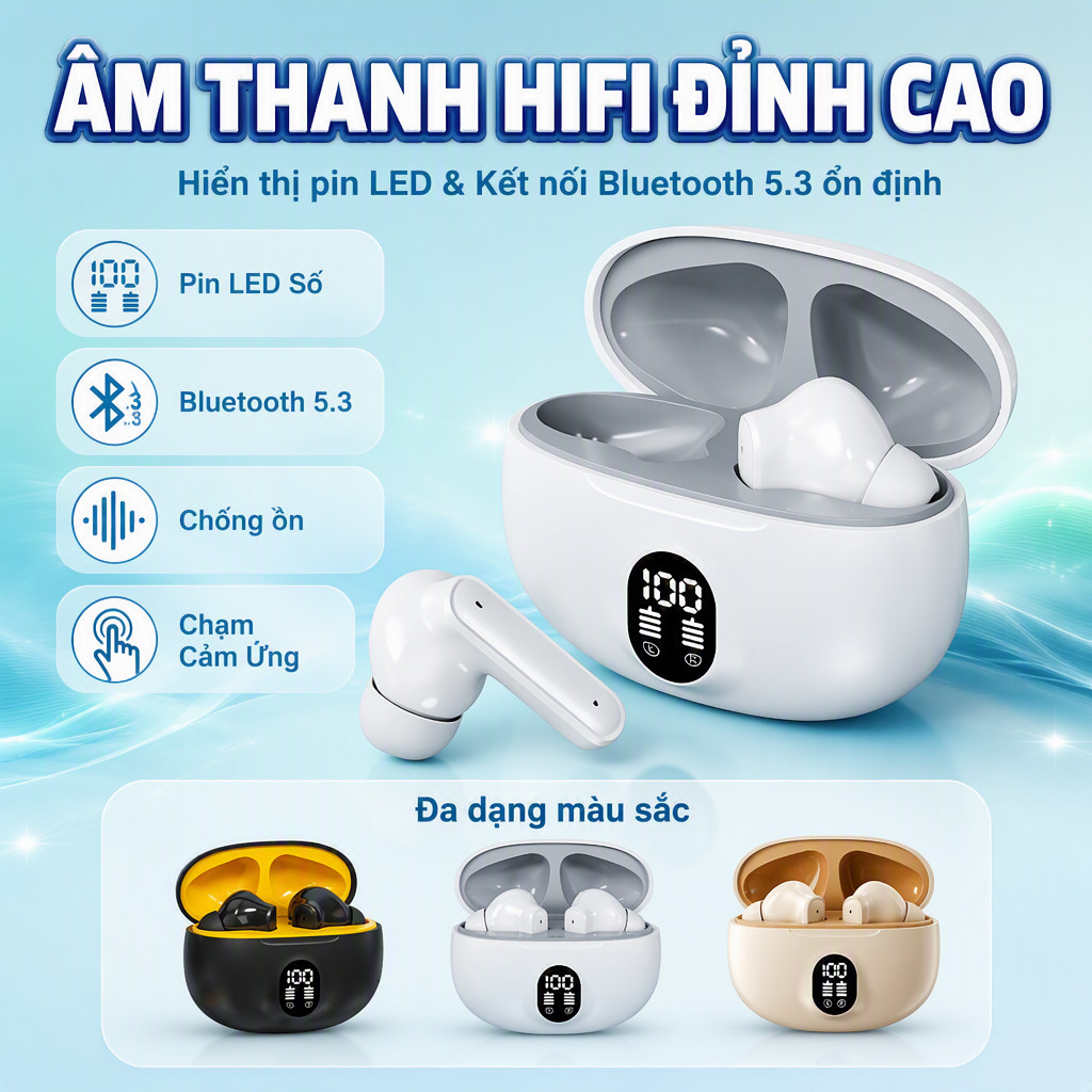 KY5 Pro Không Dây Bluetooth 5.3 Tai Nghe Màn Hình LED Sạc Tai Nghe Silicon HiFi Stereo Âm Thanh Điều