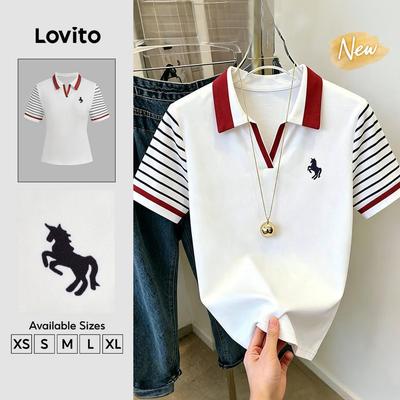 (New Arrival) Lovito Áo thun nữ màu trắng ngà in họa tiết sọc màu sắc bên hông phong cách thường ngày mùa xuân/hè TSB202P2D070
