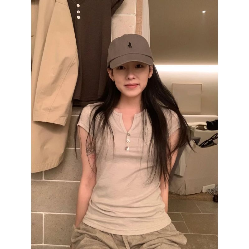 [Hàng mới về] Pure Desire Henry Collar Phong cách Hàn Quốc Áo thun ngắn tay nhẹ nhàng dành cho nữ Bán chạy Slim