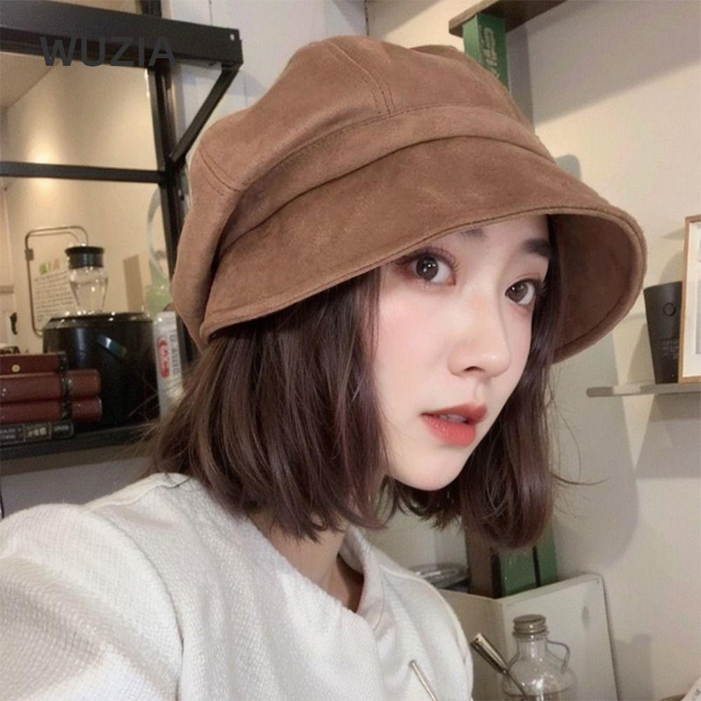 Mũ nồi nữ WUZIA, Mũ xô mùa đông màu cổ điển hình bát giác, JK Sloughy Chống lạnh Da lộn Mũ ngư dân m