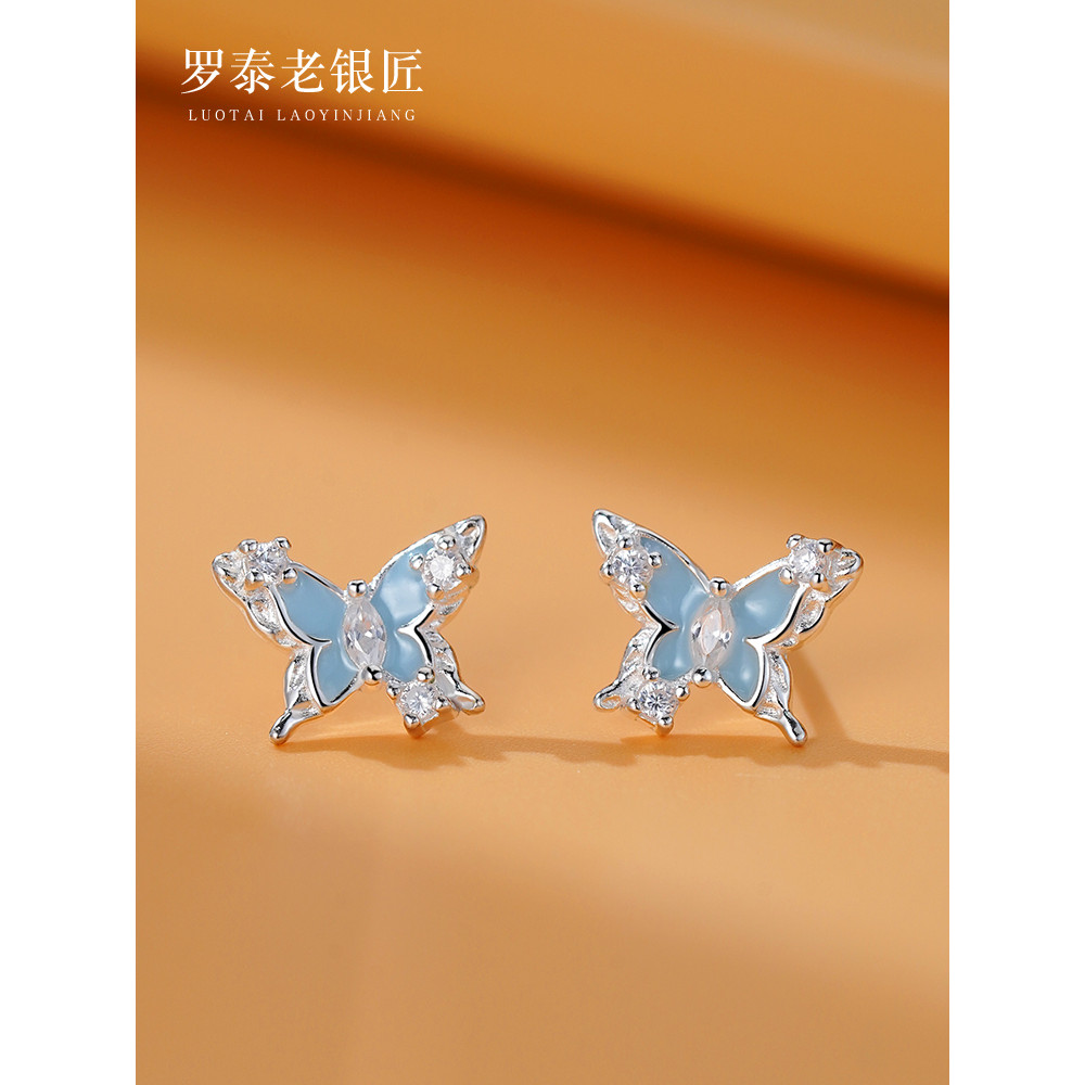 Luotai Old Silversmith 990 Sterling Bạc Men Bông Tai Bướm Nữ Cao Cấp Tinh Tế Bông Tai 2026 Phong Các