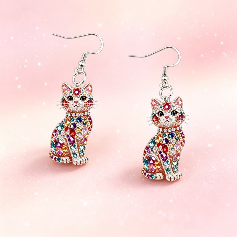 Hàng sẵn có 2026 Phong cách mới Acrylic Crystal Gem Lucky Cat Style 2D Flat Bông tai thời trang sáng
