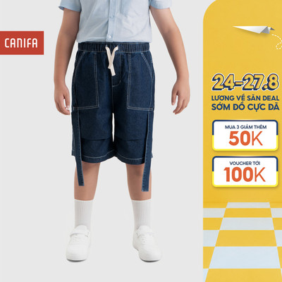 Quần short denim bé trai CANIFA quần đùi jeans ống rộng phối dây cá tính 2BS26C003