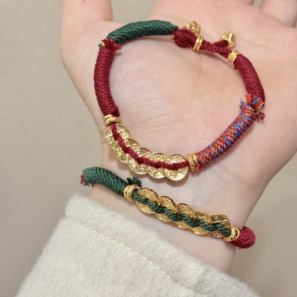 6GYG Five Emperors Coin Pixiu Bracelet for Women, Tibetan Style Braided Rope Bracelet, Vintage Coppe