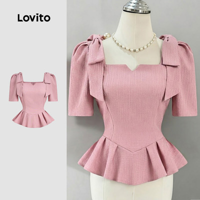 Lovito thanh lịch Áo sơ mi nữ màu hồng xuân hè thiết kế tay bèo nhún buộc dây phía trước LK5ED886