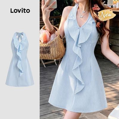 (New Arrival) Lovito Đầm Thông Thường Họa Tiết Ruffle Mùa Xuân/Hè Màu Xanh Dương Cho Nữ L200AD261