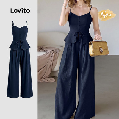 (New Arrival) Lovito Áo/Quần thường ngày buộc dây mùa xuân/hè màu xanh navy cho nữ PSK8TD207