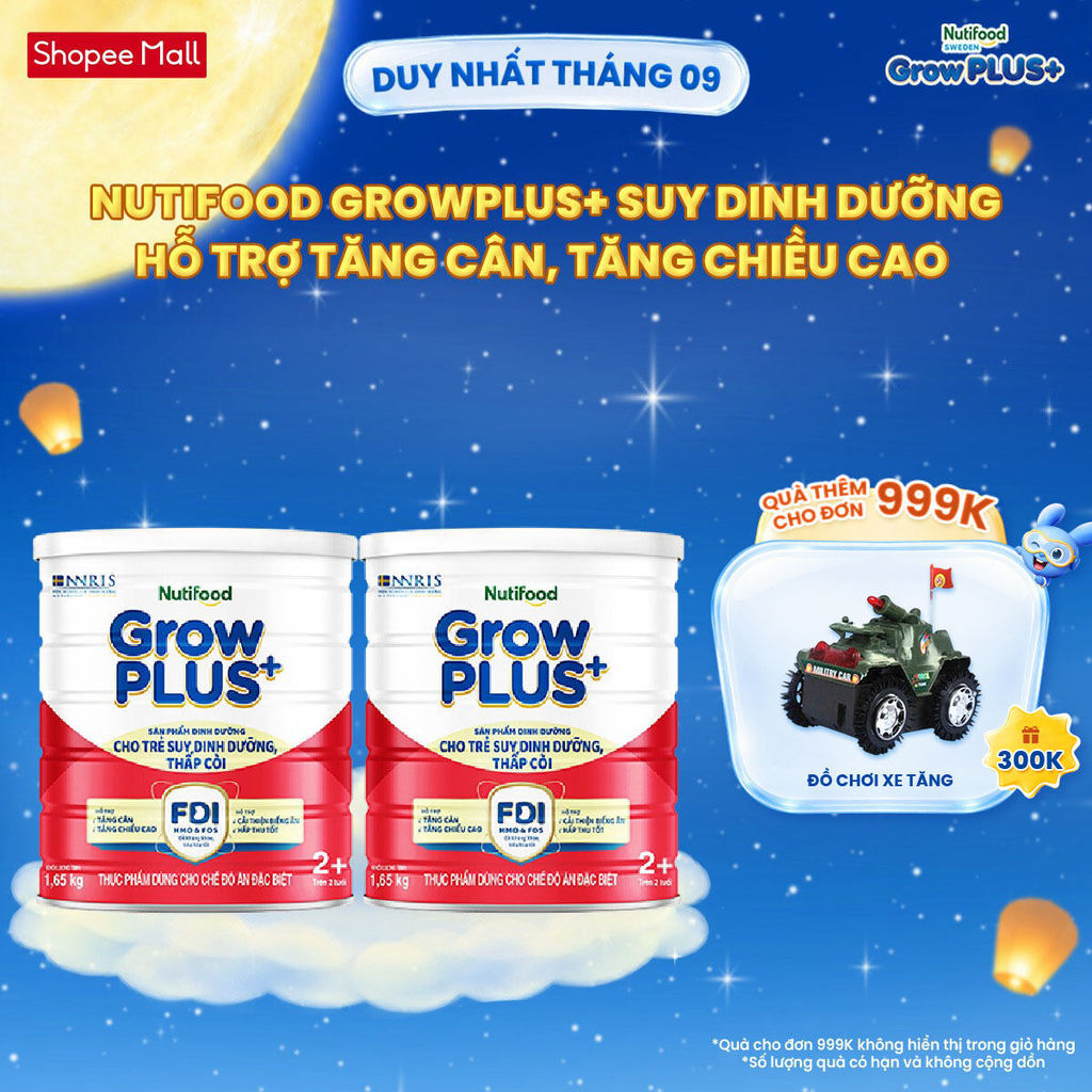 Combo 2 Sữa bột Nutifood GrowPLUS+ Suy Dinh Dưỡng (Đỏ) 2+ - Tăng Cân, Tăng Chiều Cao (2 Lon 1,65 Kg)