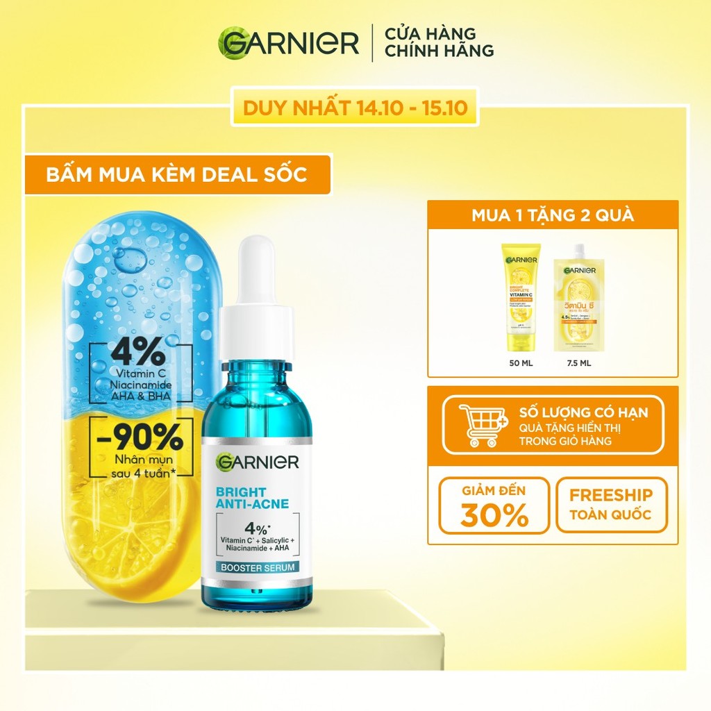 Dưỡng chất cho da dầu mụn Garnier Bright Complete Anti-Acnes Booster Serum 4% [Niacinamide, BHA, AHA, Vitamin C] 30ml