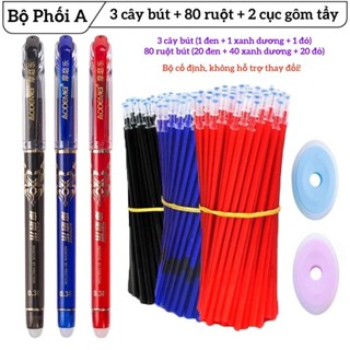  Bút Gel Xóa Được - Bộ 3 Bút + 80 Ruột + 2 Tẩy Mực Đen Xanh Đỏ Bút Bi Xóa Lỗi Cho Học Sinh Sinh Viên Văn Phòng Thi Cử 