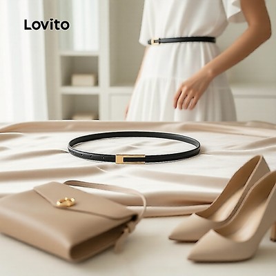 Lovito thanh lịch Thắt lưng nữ khóa kim loại hình học màu trơn dùng hàng ngày L57AD068 (Cà phê/ Nâu/ Kaki nhạt/ Đen)