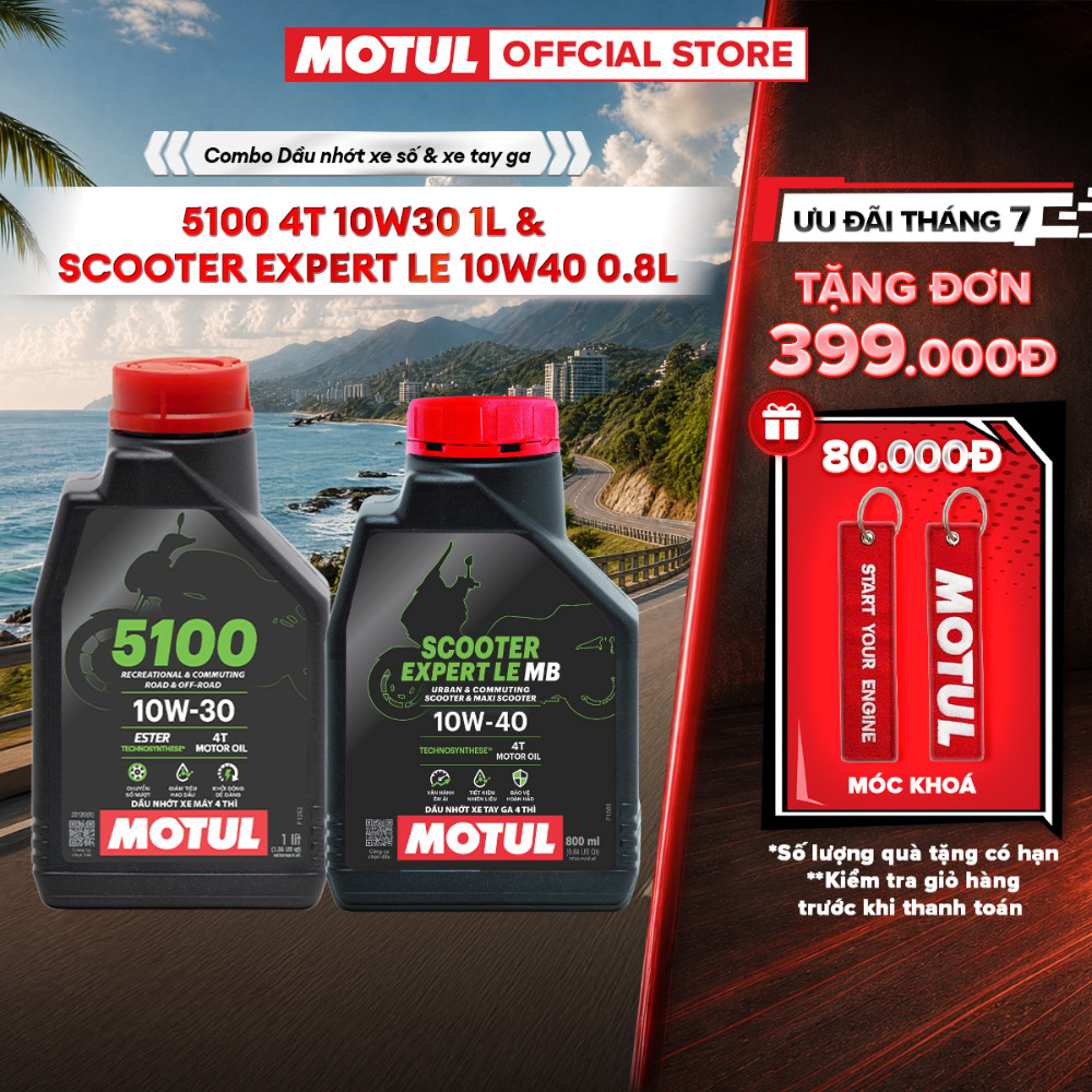Combo Dầu nhớt xe máy Motul 5100 4T 10W30 1L và xe tay ga SCOOTER EXPERT LE 10W40 0.8L