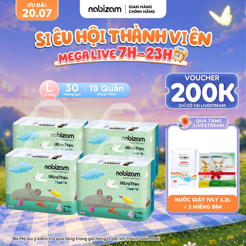 COMBO 4 Tã/Bỉm Quần Nabizam Ultra Thin Nội Địa Hàn Cao Cấp Mỏng Nhẹ Phù Hợp Cho Ban Đêm Size L Từ 8-