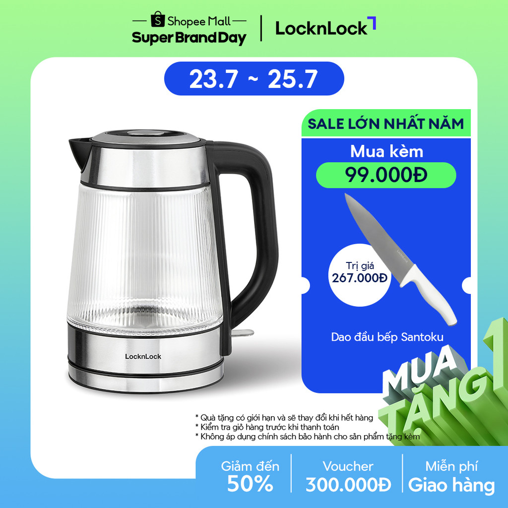 Ấm đun siêu tốc bằng thủy tinh LocknLock Glass Electric Kettle 1.8L có đèn led và lưới lọc EJK256BLK