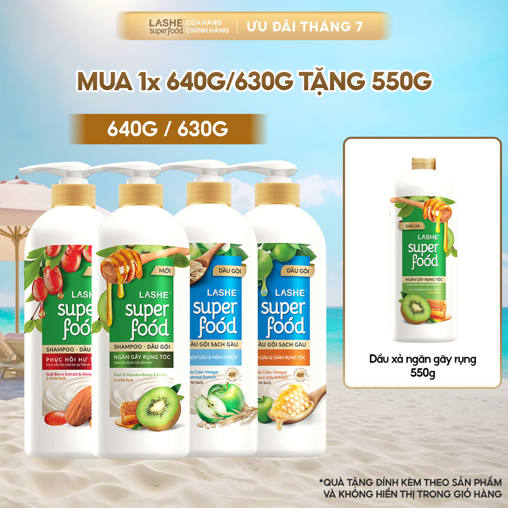 Dầu Gội LASHE SUPERFOOD Ngăn Rụng Tóc/Phục Hồi Hư Tổn/Sạch Gàu Giảm Rụng/Sạch Gàu Mềm Mượt 630G/640G