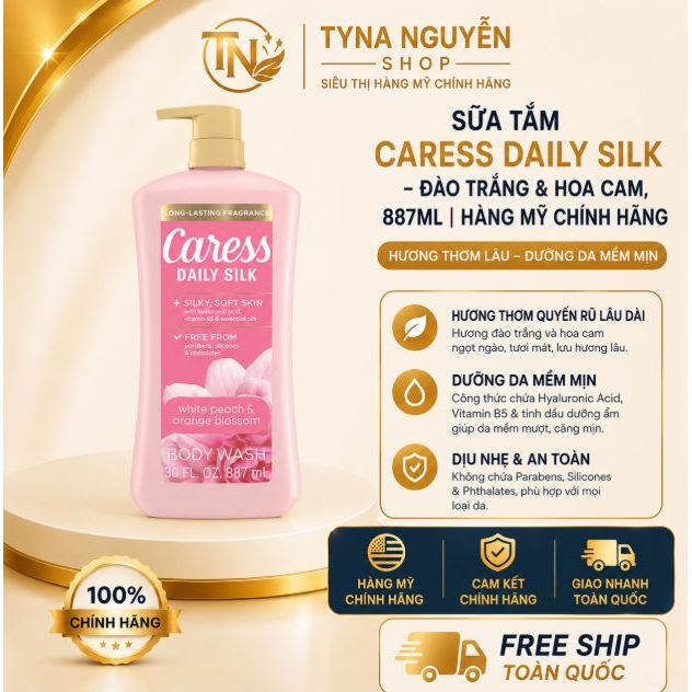 Sữa tắm Caress Daily Silk - Đào Trắng & Hoa Cam, 887ml | Hàng Mỹ Chính Hãng