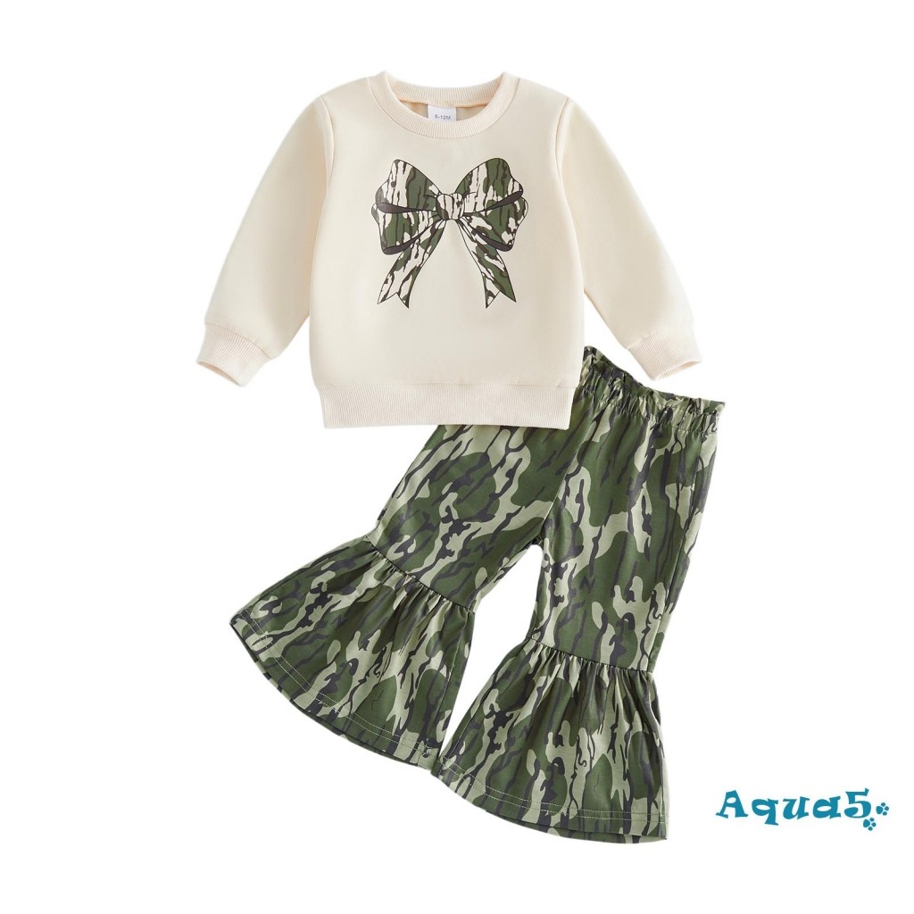 Aqua-Toddler Girls 2 Món Trang Phục Đáng Yêu Camo Bow In Áo Dài Tay Và Ngụy Trang Bộ Quần loe