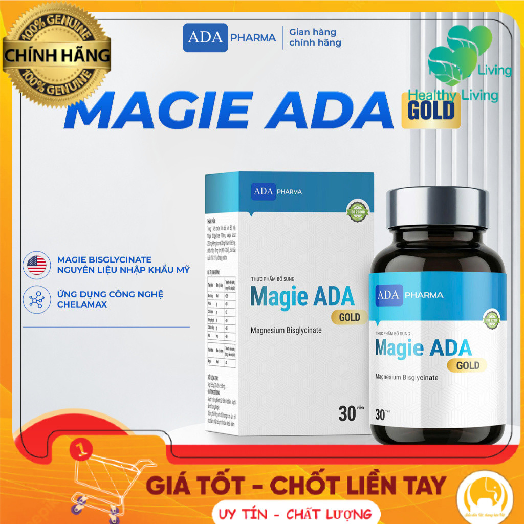 Thực phẩm bổ sung MAGIE ADA GOLD 2IN1 – Magie Bisglycinate, Magie Lactat, Kẽm & Vitamin B6, Hộp 30 v