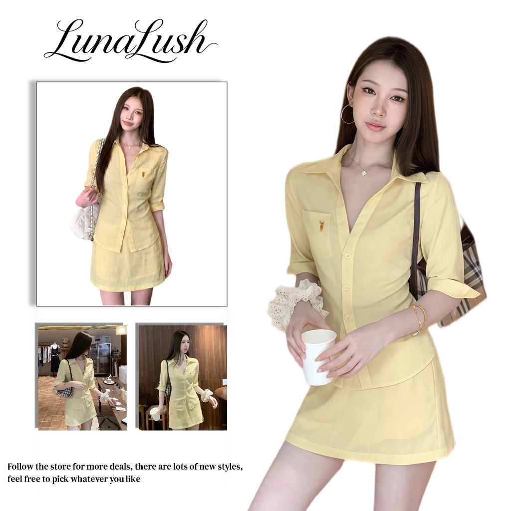 Áo sơ mi tay ba phần tư LunaLush Váy ngắn cổ chữ V phía trước eo-A2941 / A2942