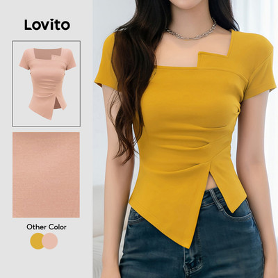 Lovito Áo thun nữ màu vàng nghệ không đối xứng xẻ tà phía trước phong cách thường ngày mùa xuân/hè LK5EDD187