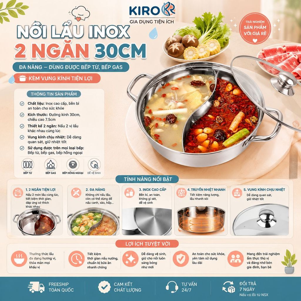 Nồi Lẩu Inox 2 Ngăn 30cm Đa Năng, Nồi Lẩu 2 Ngăn Dùng Bếp Từ Bếp Gas, Kèm Vung Kính Tiện Lợi