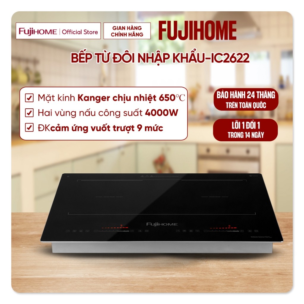 🔥🔥 Bếp từ đôi cảm ứng Fujihome IC2622 công suất 4000W, bếp điện từ âm 2 vùng nấu cảm ứng vuốt trượt 