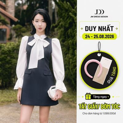 Đầm Kẻ Dáng Ôm A Tay Bồng Phối Nơ Cổ 1F01.2508K. Đầm Công Sở Tiểu Thư Thanh Lịch Thiết Kế Bởi JM Dress Design