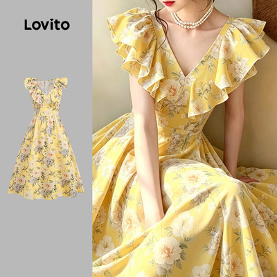 (New Arrival) Lovito Đầm nữ màu vàng mùa xuân/hè kiểu dáng thanh lịch chi tiết nhún bèo họa tiết nhún bèo ở gấu váy L196ED682