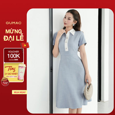 Đầm nữ form A GUMAC cổ sơ mi phối trắng tay ngắn phía trước phối vải trắng DF09001