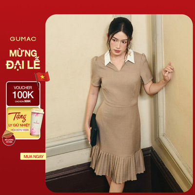 Đầm nữ GUMAC form A lá cổ sơ mi phối trắng  DF10074