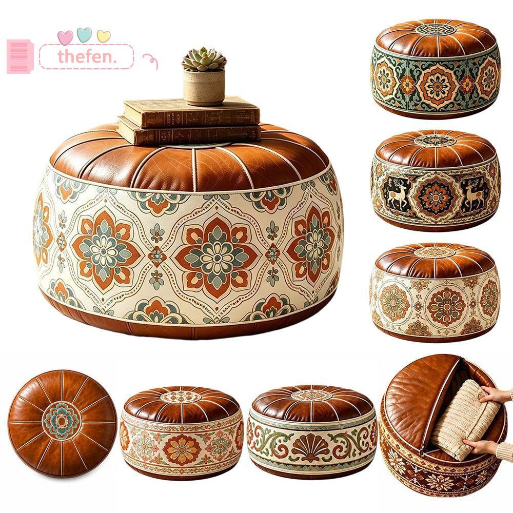 THEFEN Fillable Ottoman Pouf, Phong Cách Ma-rốc Thêu Họa Tiết Lưu Trữ Ottoman, Hình Tròn Da PU Tròn 