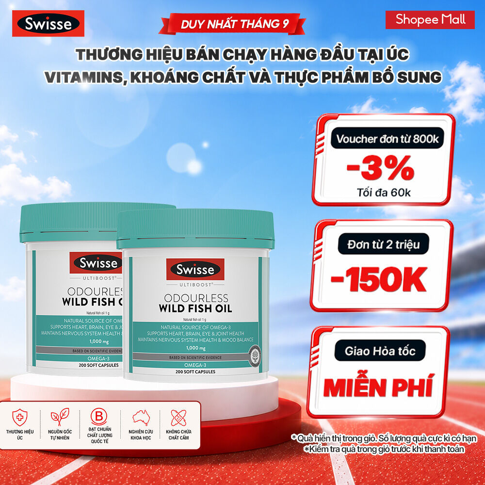 Combo 2 lọ dầu cá Swisse Ultiboost Odourless Wild Fish Oil 1000mg 200 viên/lọ