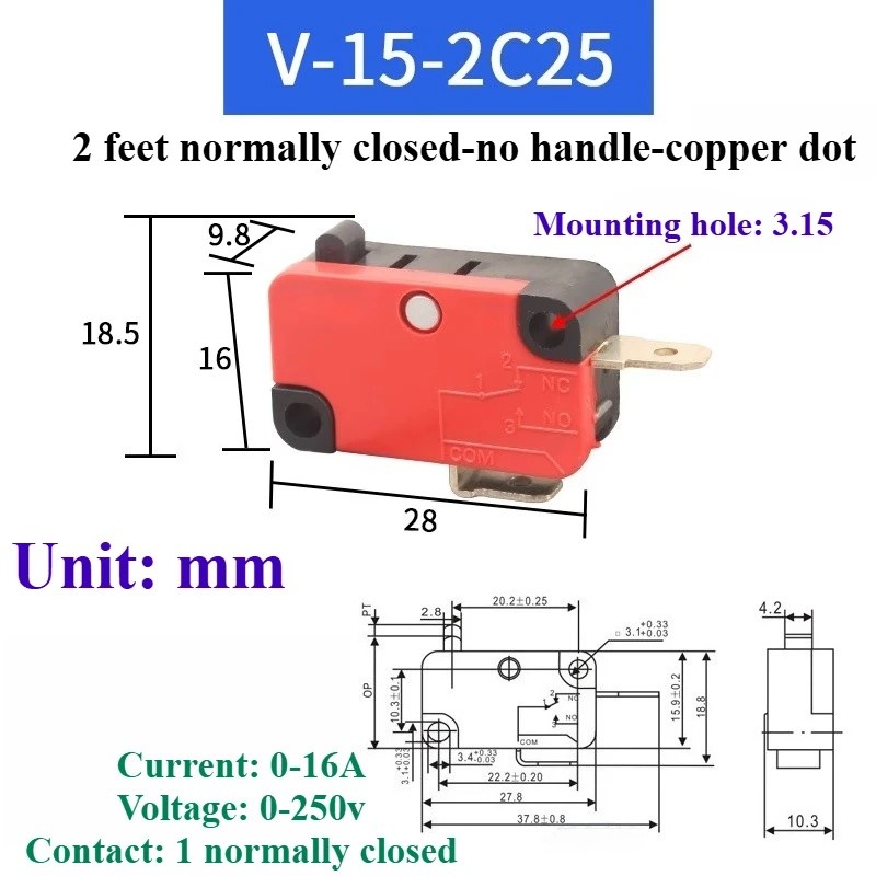Ly ly 1 miếng thích hợp cho công tắc giới hạn đột quỵ nhỏ, thường mở V-15-2C25 / thường đóng V-15-3C
