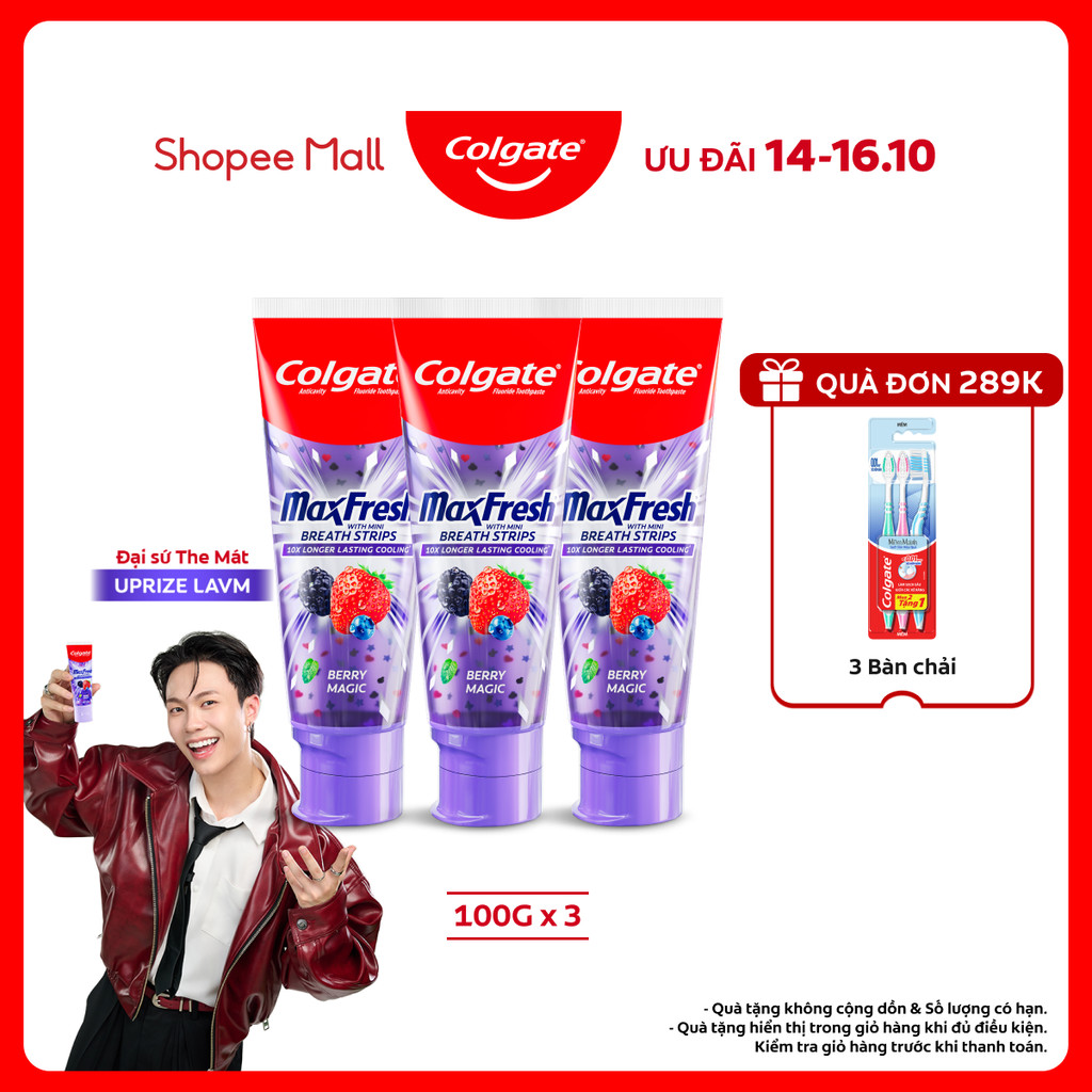 Bộ 3 kem đánh răng Colgate MaxFresh hương nhiệt đới tinh thể quả mọng diệu kỳ, dưa hấu sảng khoái 100g/tuýp