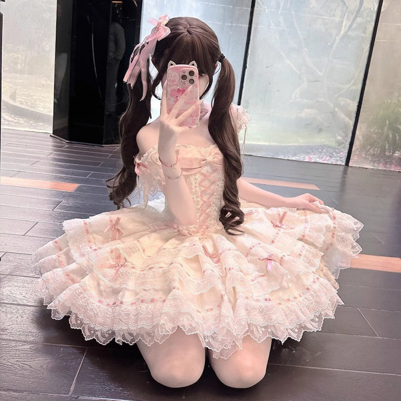 Đầm dây Lolita giảm tuổi ngọt ngào mùa hè mới, đầm bánh phồng thu gọn eo, thời trang nữ