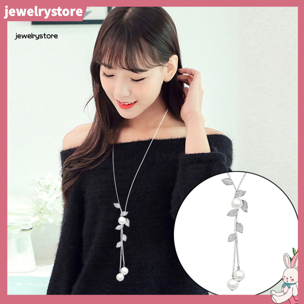 JET Vòng Cổ Ngọc Trai Giả Tua Rua Lá Mặt Dây Chuyền Phụ Kiện Tinh Tế Áo Len Dây Chuyền Trang Sức Quà