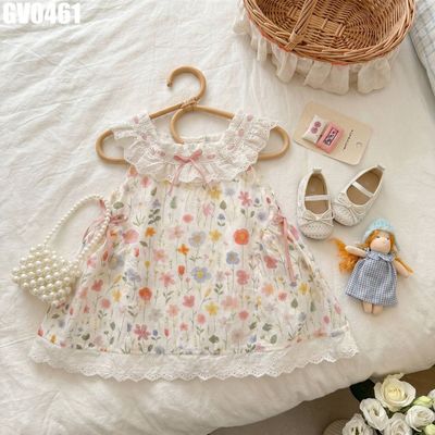 Váy Bé Gái Sát Nách Họa Tiết Hoa Nhí Cổ Bèo Phối Ren Phong Cách Vintage Điệu Đà MINTSCLOSET GV0461