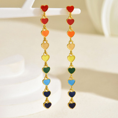 Pinkdudu Nhiều Màu Sắc Men Trái Tim Tua Rua Bông Tai Giọt Dài 7 Màu Cầu Vồng Tình Yêu Mặt Dây Chuyền Dangles Cho Nữ Ngọt Ngào & Mắt-Catching Trang Sức PD865
