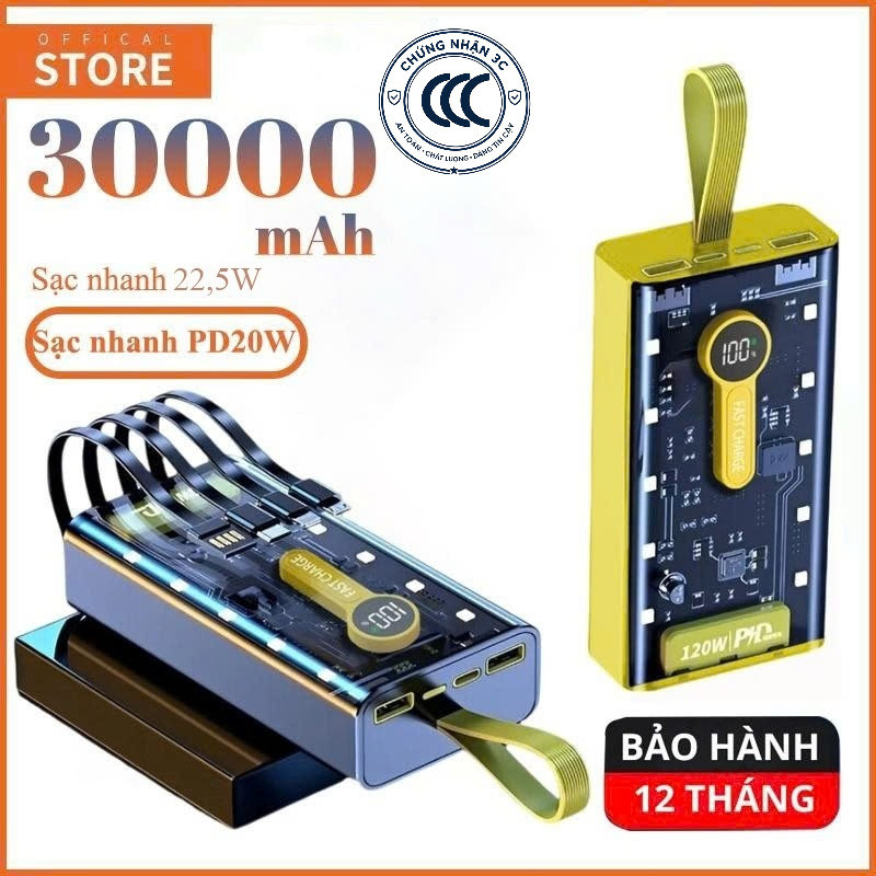 Sạc dự phòng 20000 30000mah sạc nhanh pd22,5w/20w trong suốt tích hợp 4 dây sạc tích hợp đèn led chiếu sáng