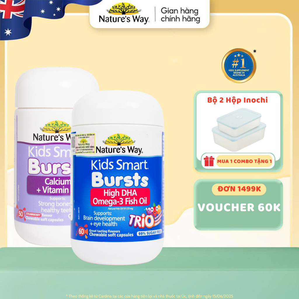 Combo Viên Nhai Nature's Way Kids Smart Calcium + Vitamin D3 Burstlets và Viên Dầu Cá Nature's Way O
