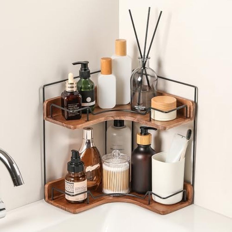 2-Tier Bathroom Counter Organizer, Wooden Corner Shelf for Vanity Countertop Skincare & Makeup, Stor