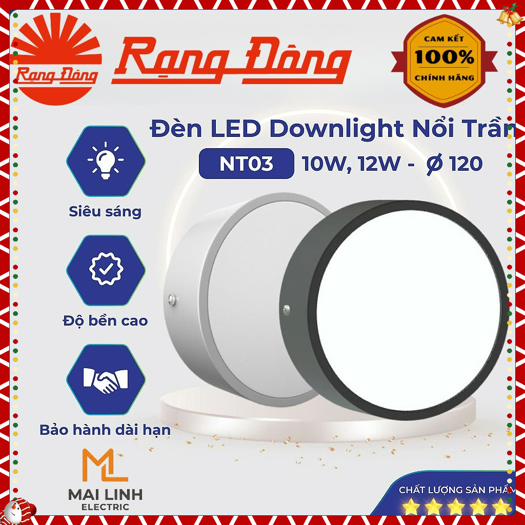 Đèn lon Downlight - Đèn ống bơ - Đèn Ốp Nổi Trần Rạng Đông Model: NT03 10W 12W Đổi 3 Màu - Vỏ Đen  -